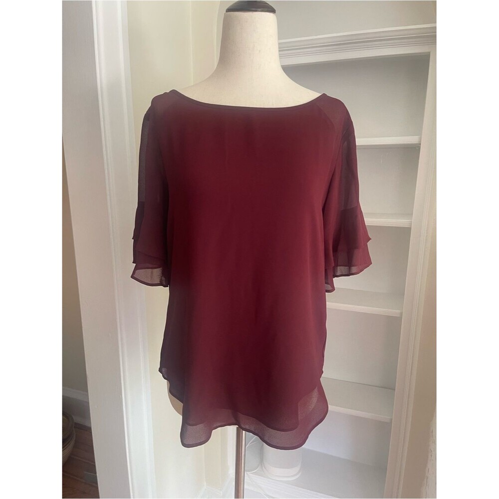 Ann Taylor Burgundy Layered Ruffle Sleeve Blouse